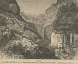 Le pont de Sainte-Dévote, près de Menton (Alpes-Maritimes) / Dessin de de Bar, d'après une photographie de Davanne | Bar, Alexandre de (1821-1908). Illustrateur